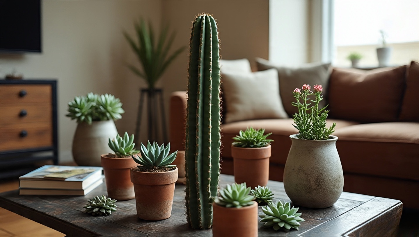 Tall columnar cactus and small succulents in terracotta pots on coffee table