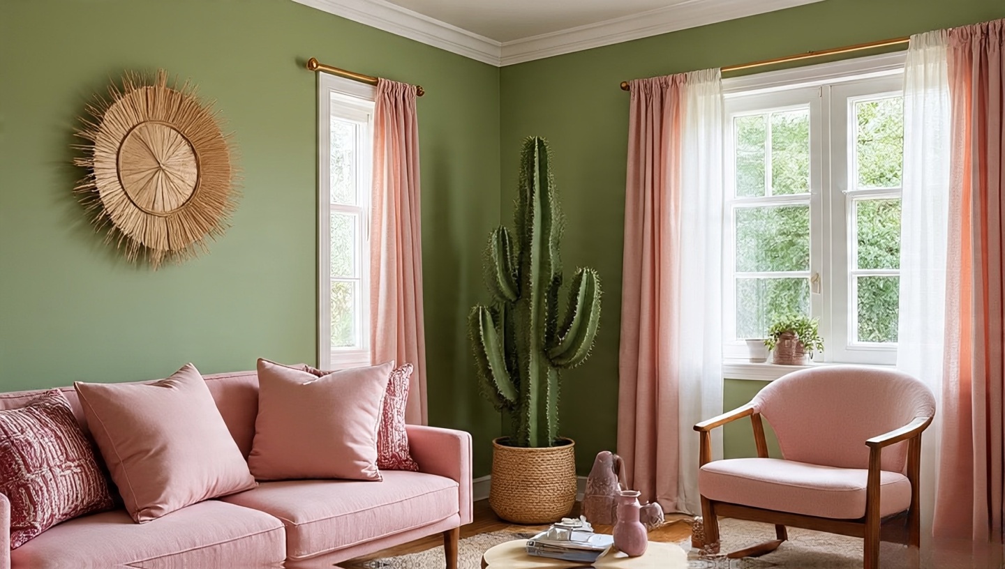 Cactus Green with Dusty Pink Southwestern Living Room