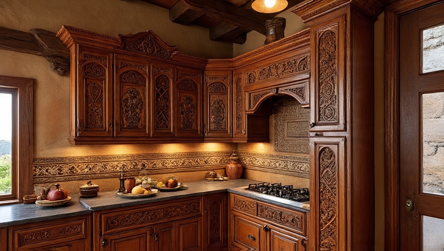 Hand-carved wooden kitchen cabinets with Southwestern designs
