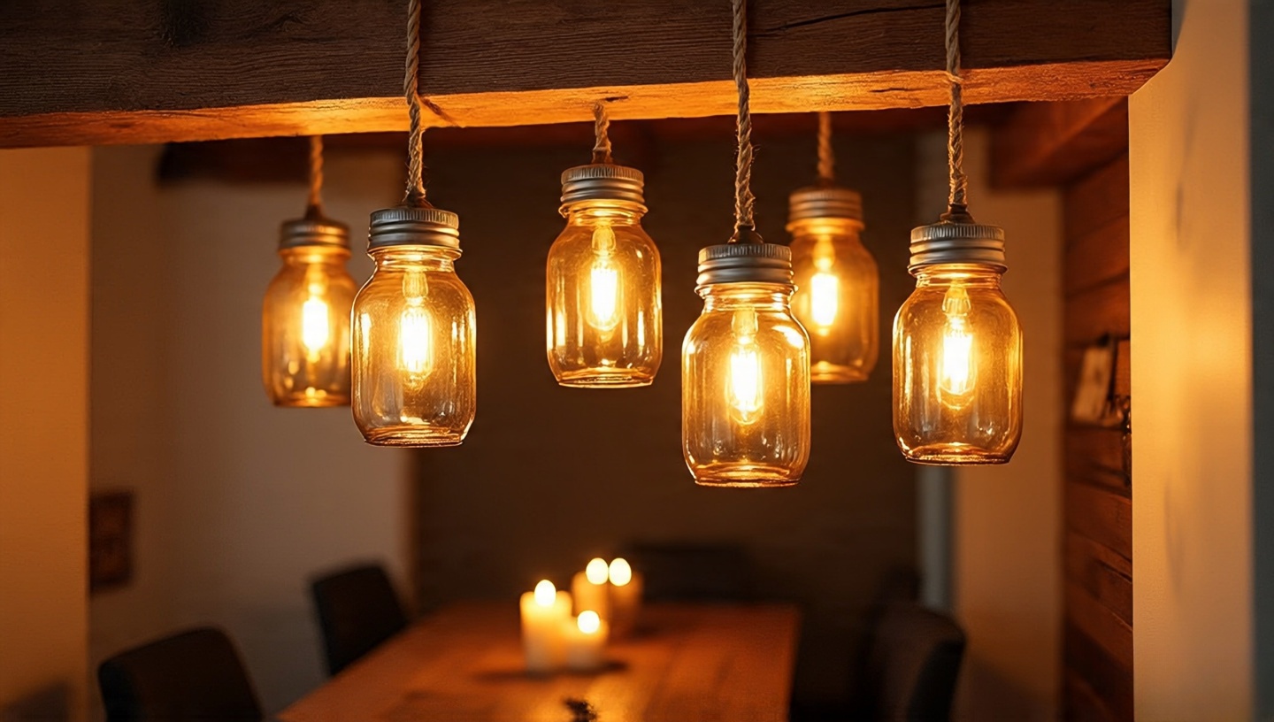 Cozy dining nook at dusk with a mason jar pendant light featuring smoked amber glass