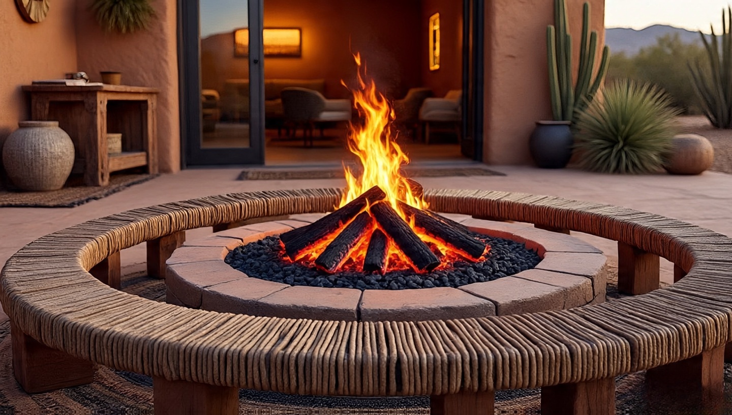 Indoor-outdoor transition with rustic fire pit, mesquite benches, and interior console linking desert ambiance