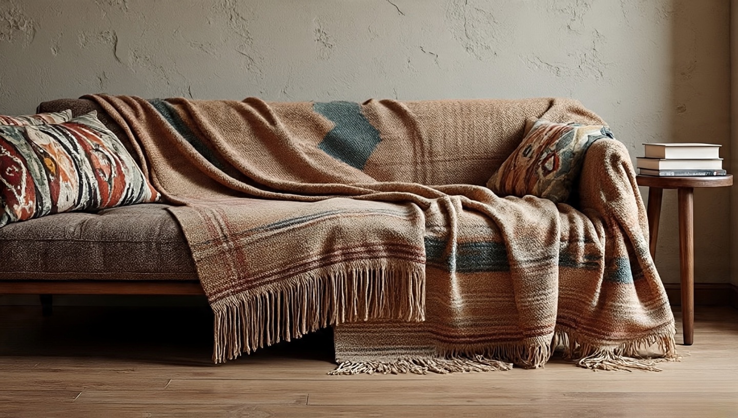 Casual sofa draped with woven fringed Southwestern throw blankets in tribal patterns for cozy atmosphere