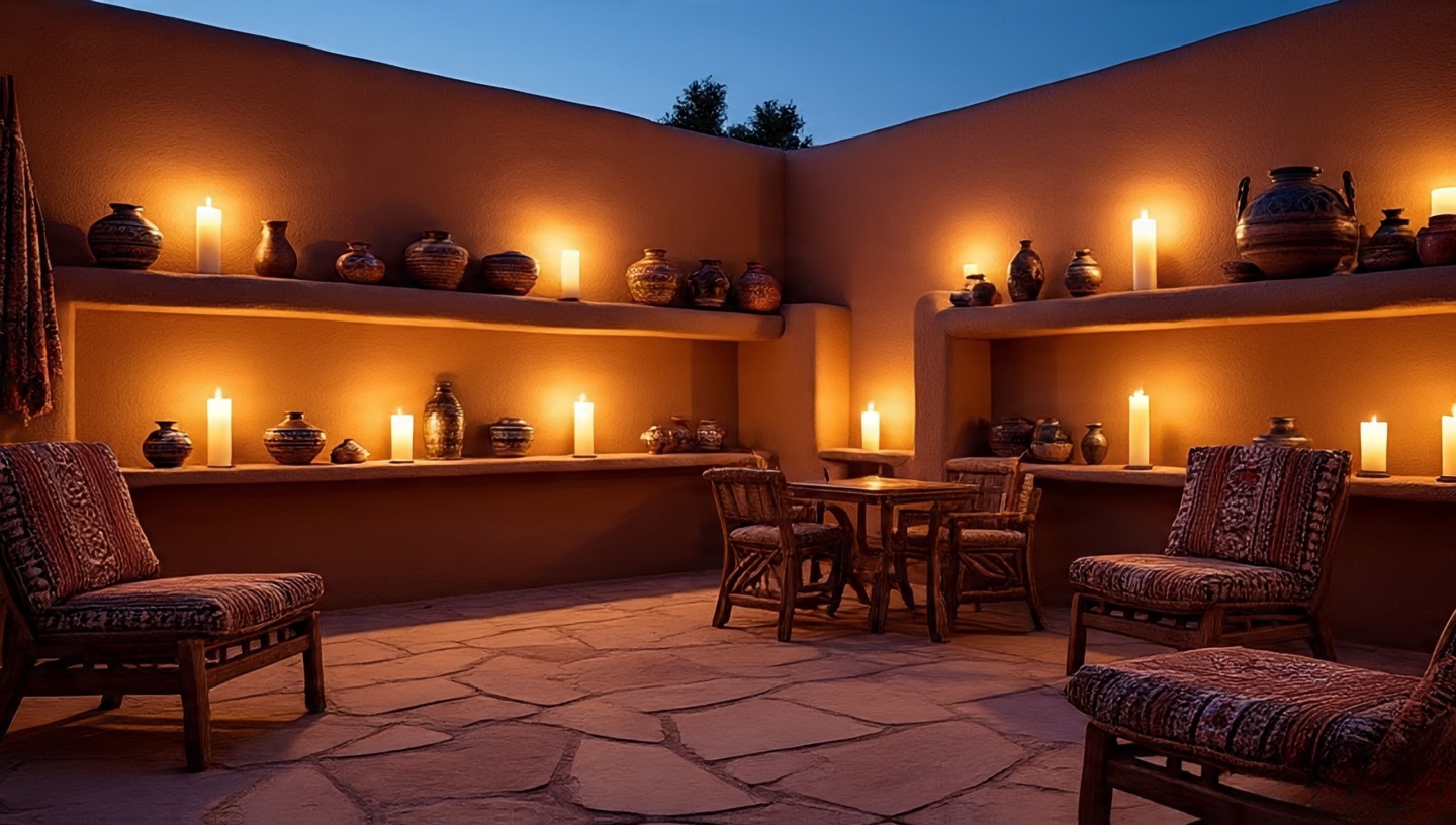 Kiva niches built into adobe walls with glowing candles creating ambiance on Southwestern patio