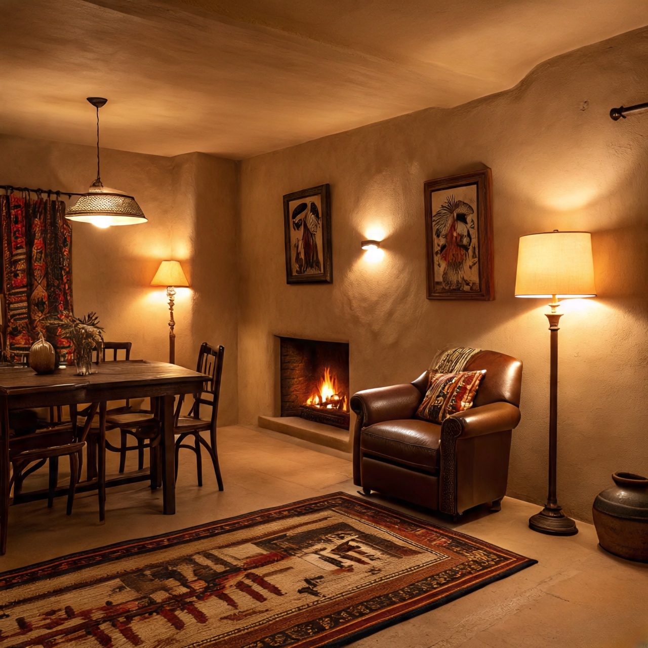 Layered lighting plan with pendants, floor lamps, and sconces creating zones in a Southwestern living room