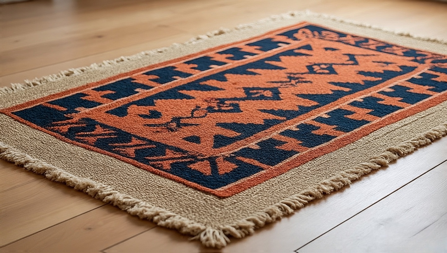 Multi-tone layered Southwestern rugs in living room