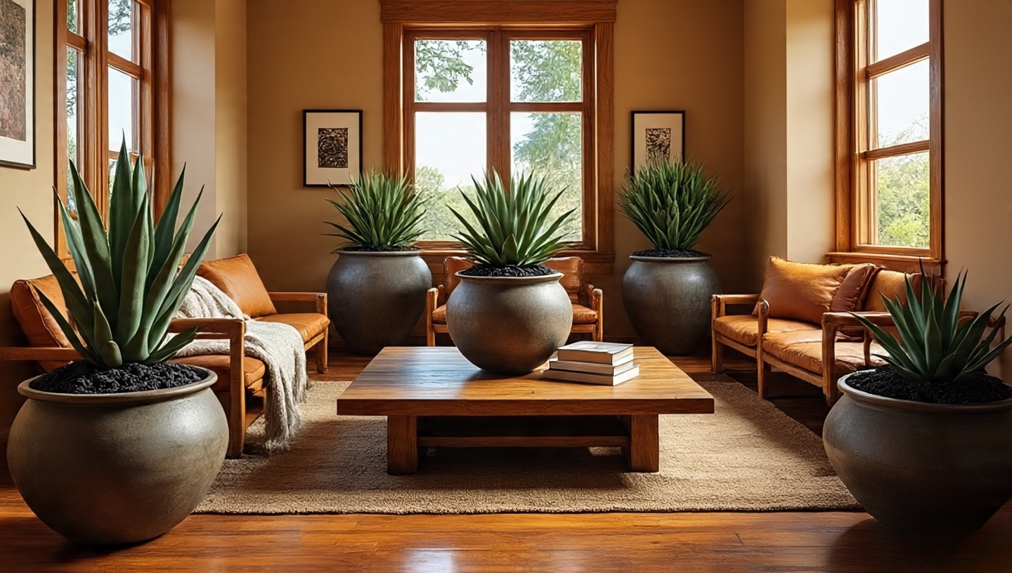 Practical styling details: semi-circle seating around a low wood table, planters topped with black lava rocks, leather and wool mix, agave greenery