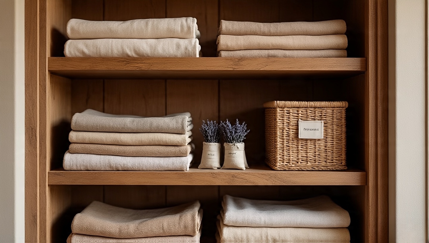Organized linen closet with folded cotton sheets, stacked wool blankets and lavender sachets in woven baskets on natural wood shelves