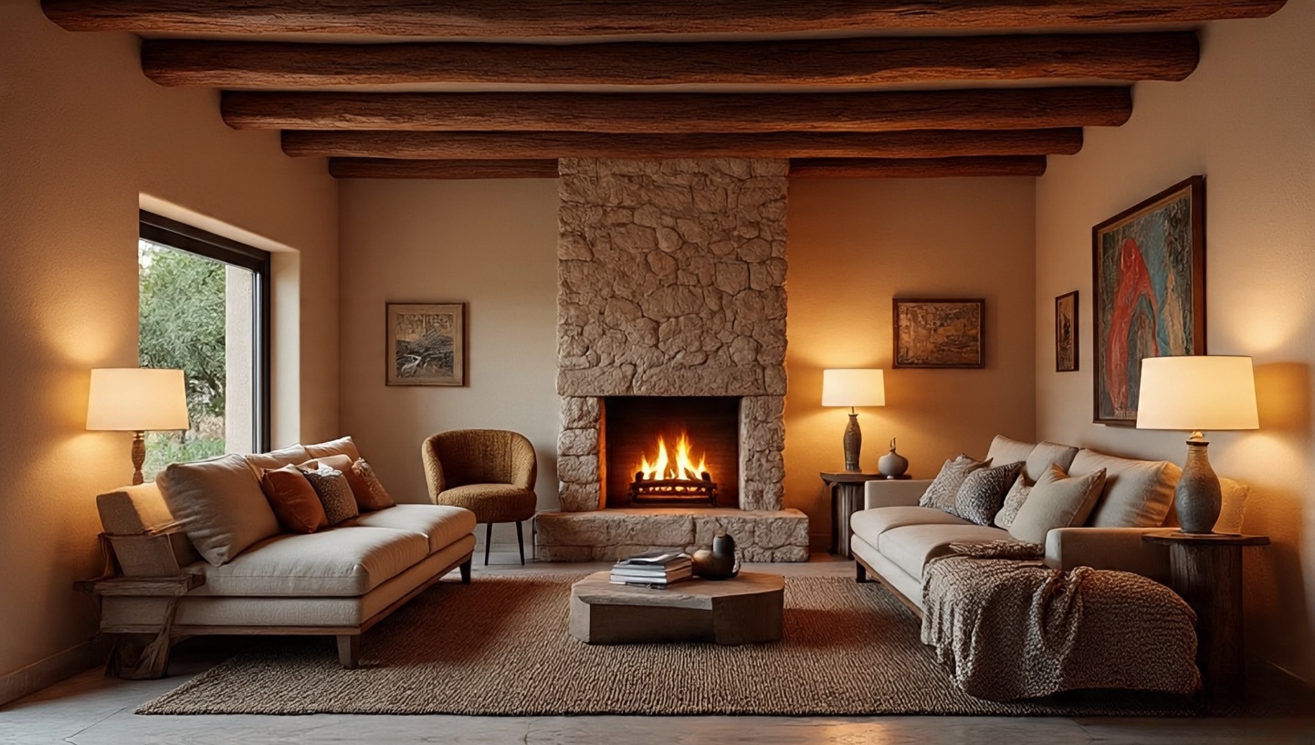 Calming Southwestern modern room with adobe walls rustic beams and a glowing fireplace
