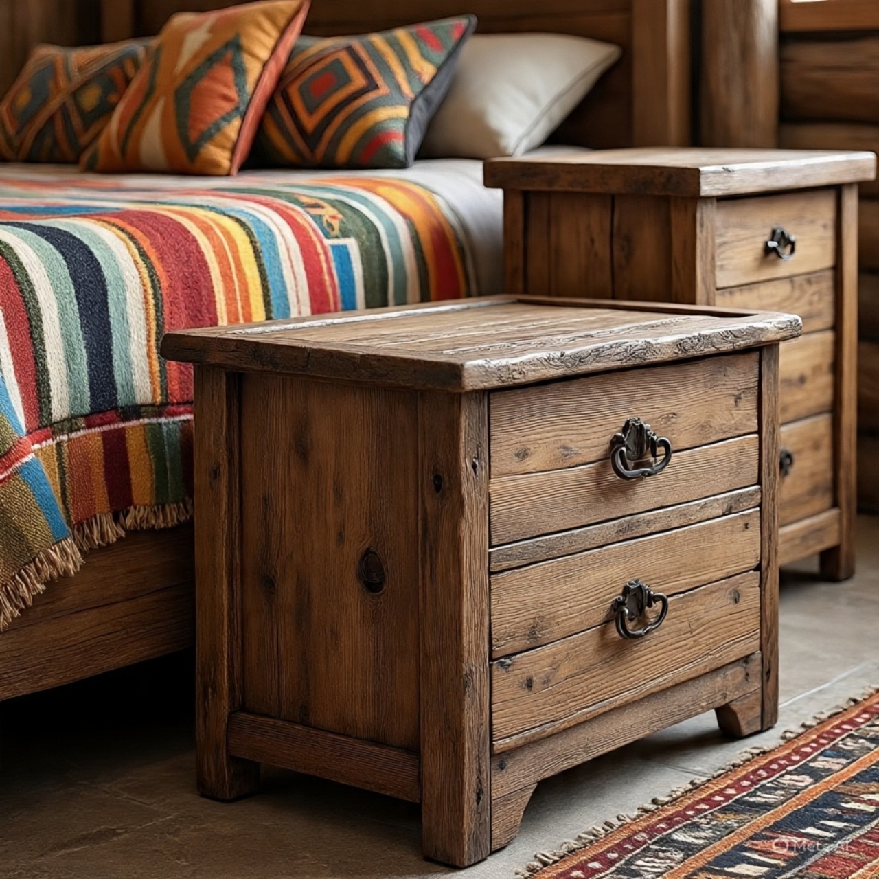 Rustic wooden nightstands in Southwestern bedroom design