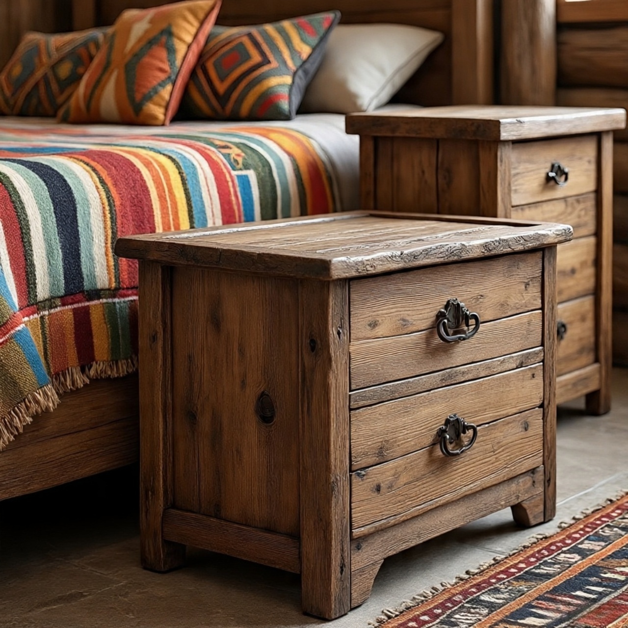Rustic wooden nightstands in Southwestern bedroom design