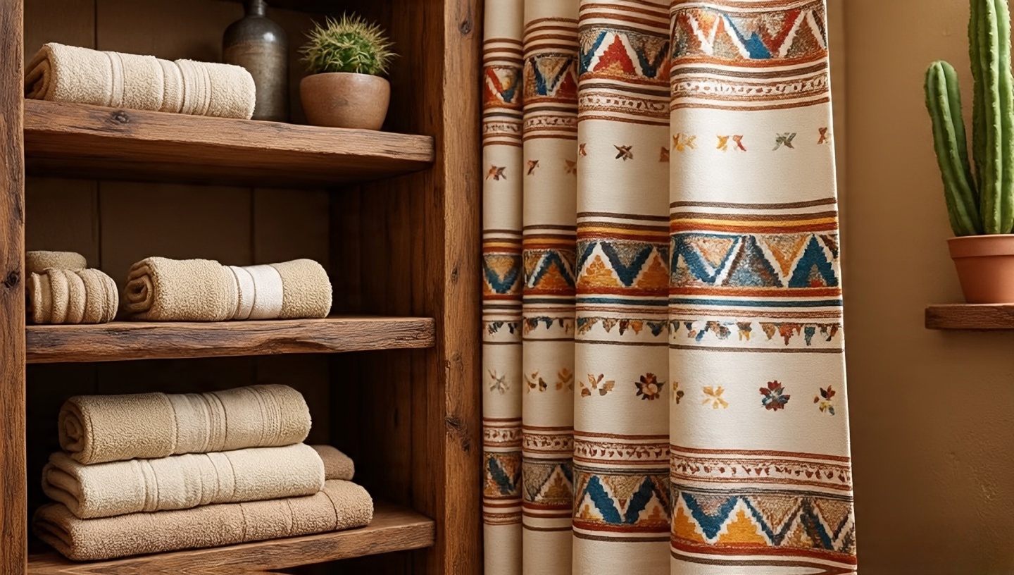 Navajo pattern shower curtain with neutral towels on rustic shelves in Southwestern bathroom
