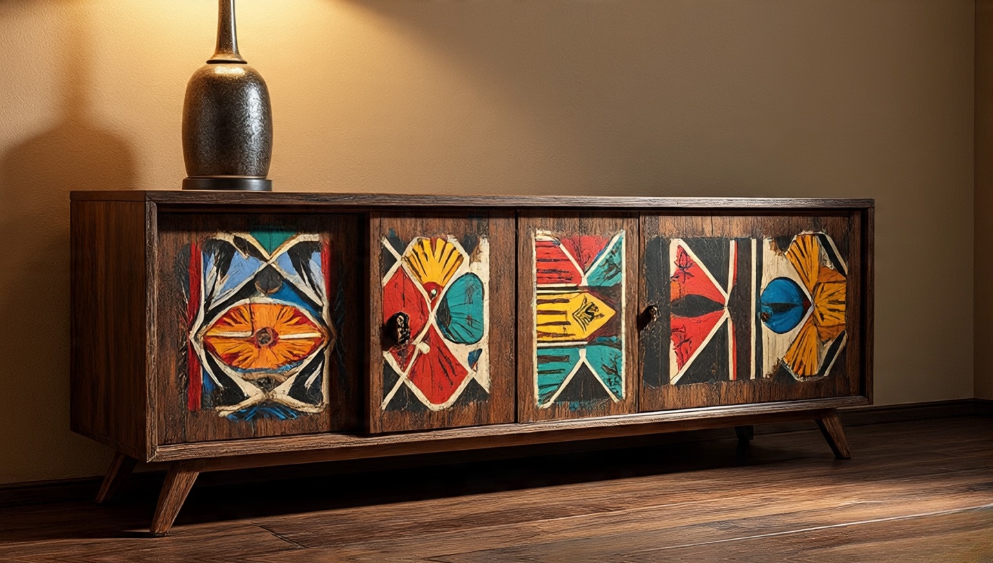 Southwestern style distressed wood sideboard with hand-forged hardware and display of pottery