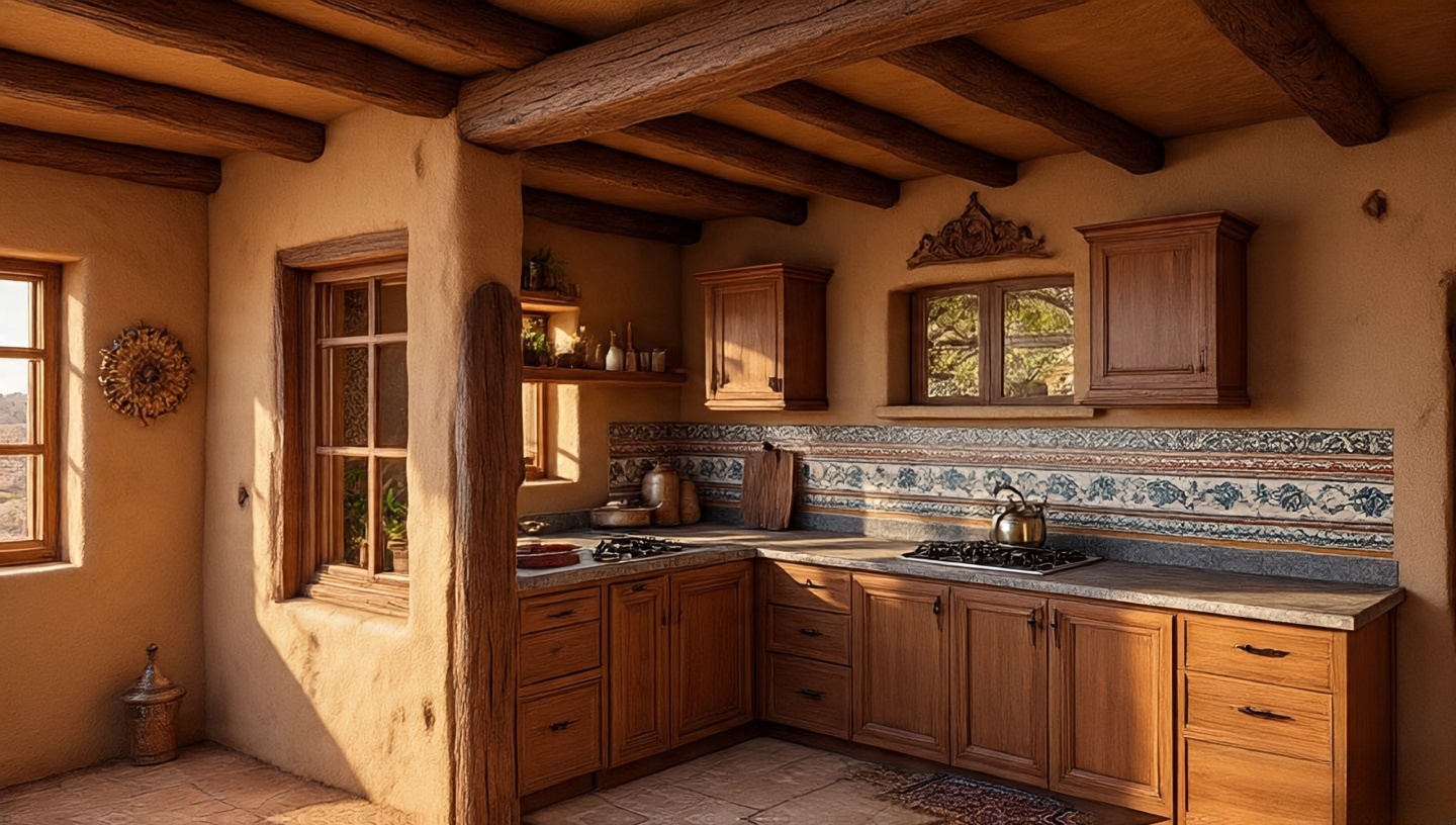 Southwestern kitchen with adobe-textured walls, exposed beams, Spanish Talavera backsplash, and Pueblo Revival stone accents