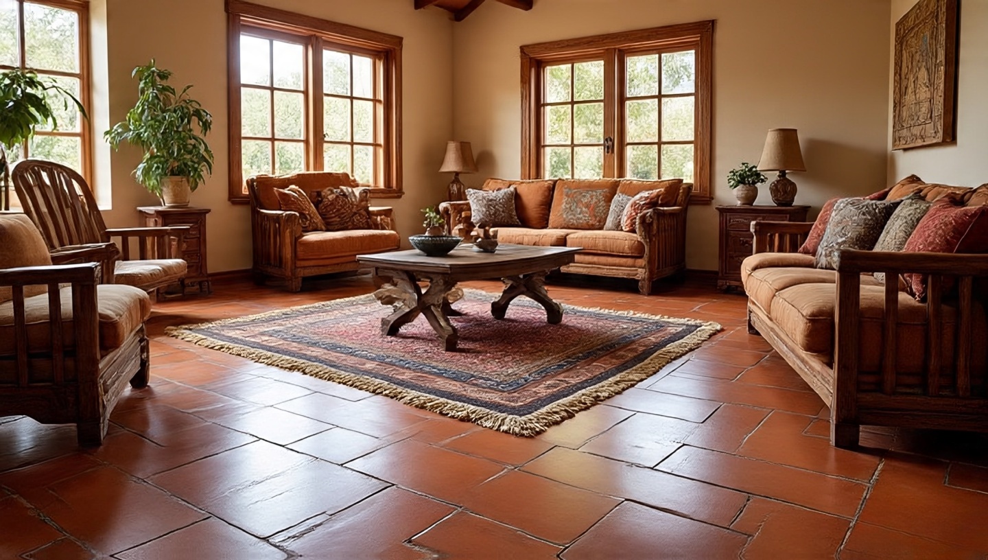 Aged terracotta tile flooring in Southwestern style home with rustic charm