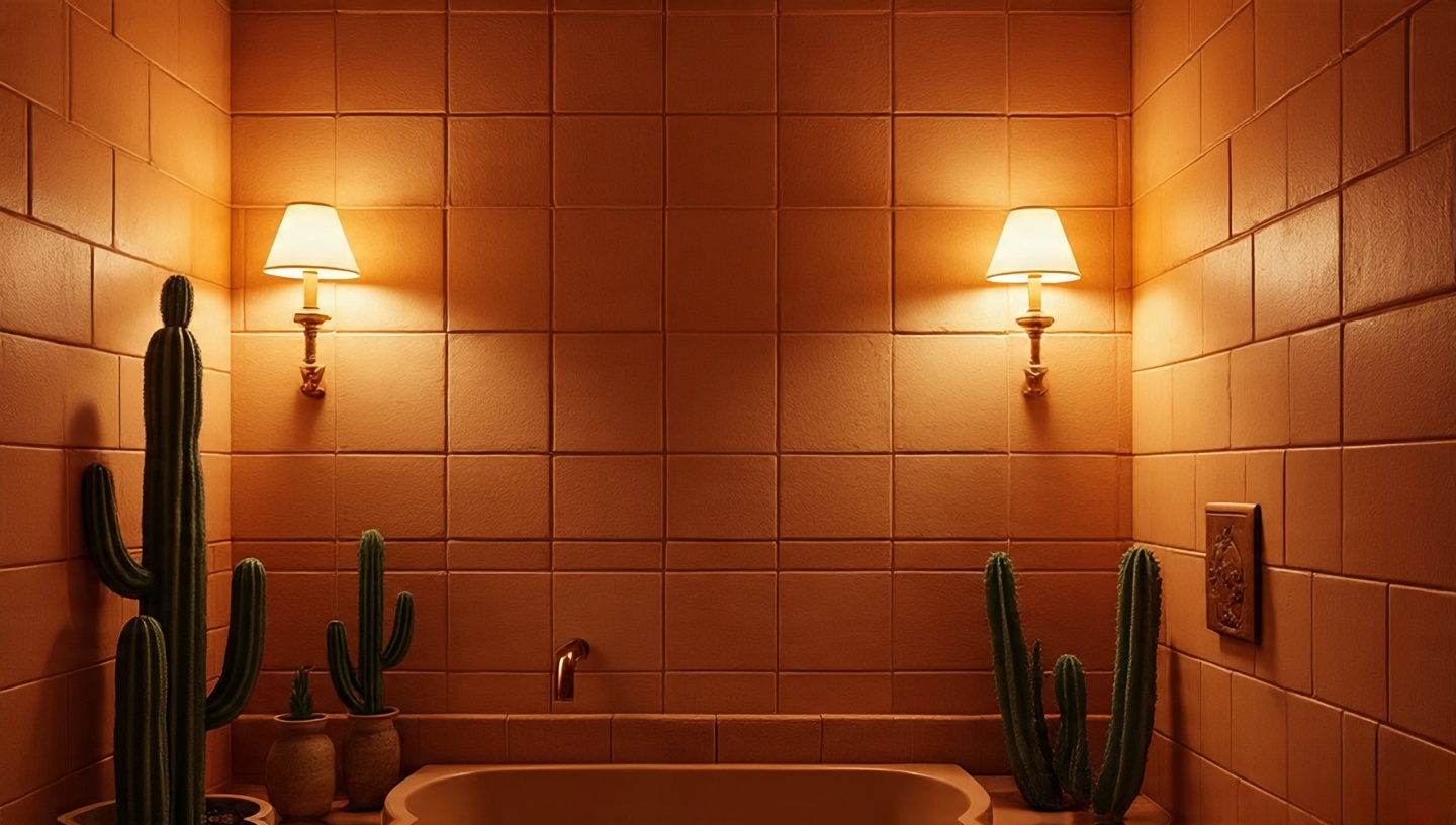 Terracotta wall tiles glowing under warm sconces to show firelight-inspired bathroom lighting