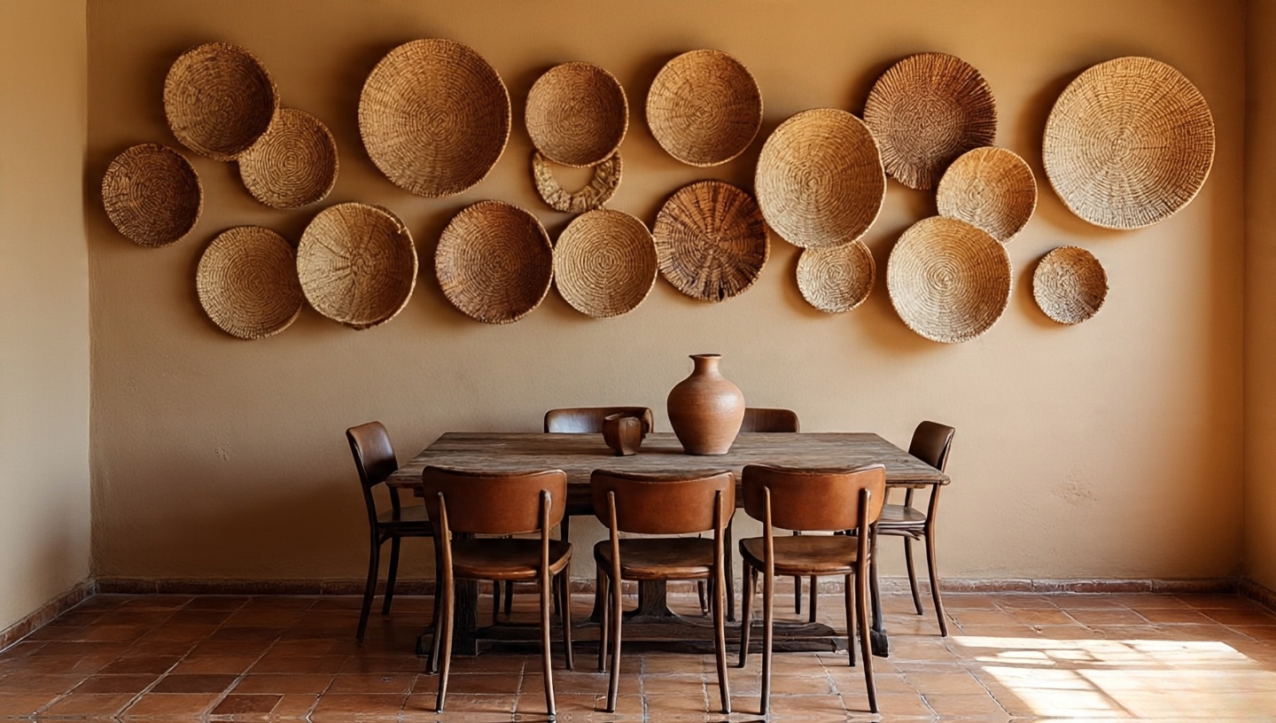 Dining room wall arranged with an artistic display of handwoven baskets in various sizes