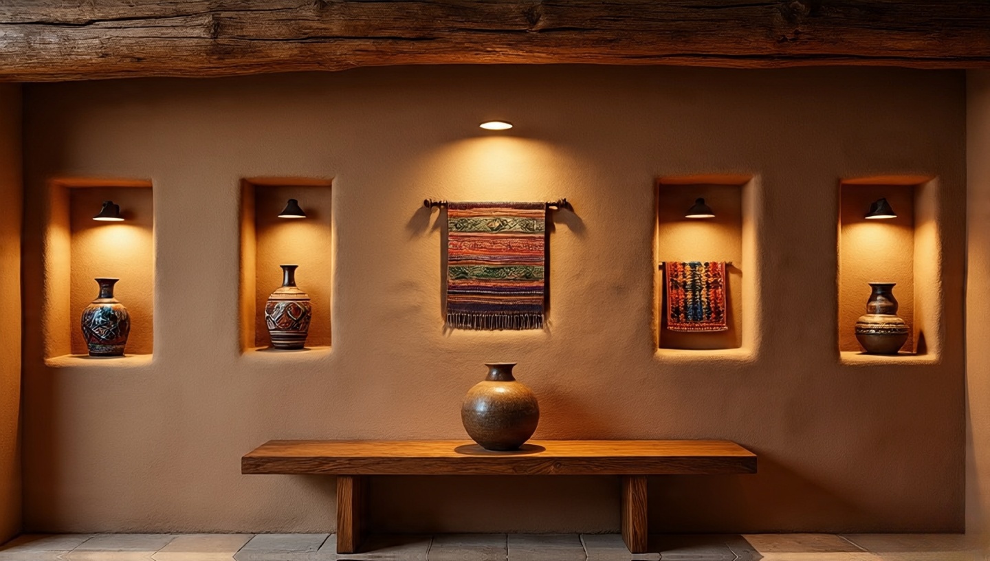 Pueblo Revival-inspired adobe wall niches with Indigenous-style pottery and textiles beside a mid-century walnut console
