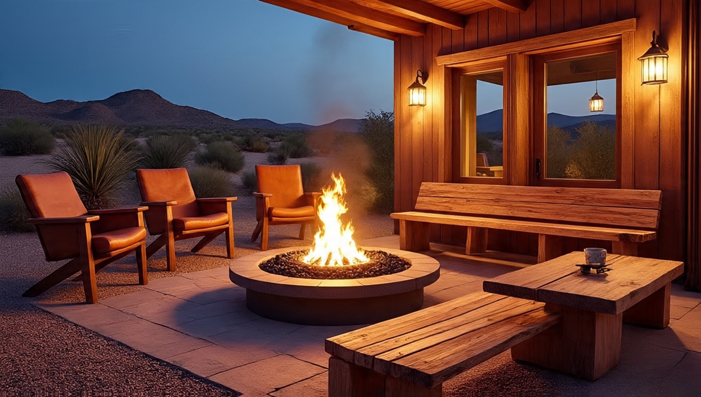 Southwestern outdoor seating with fire pit ringed by lava rocks, mixed wood finishes, and lantern lighting