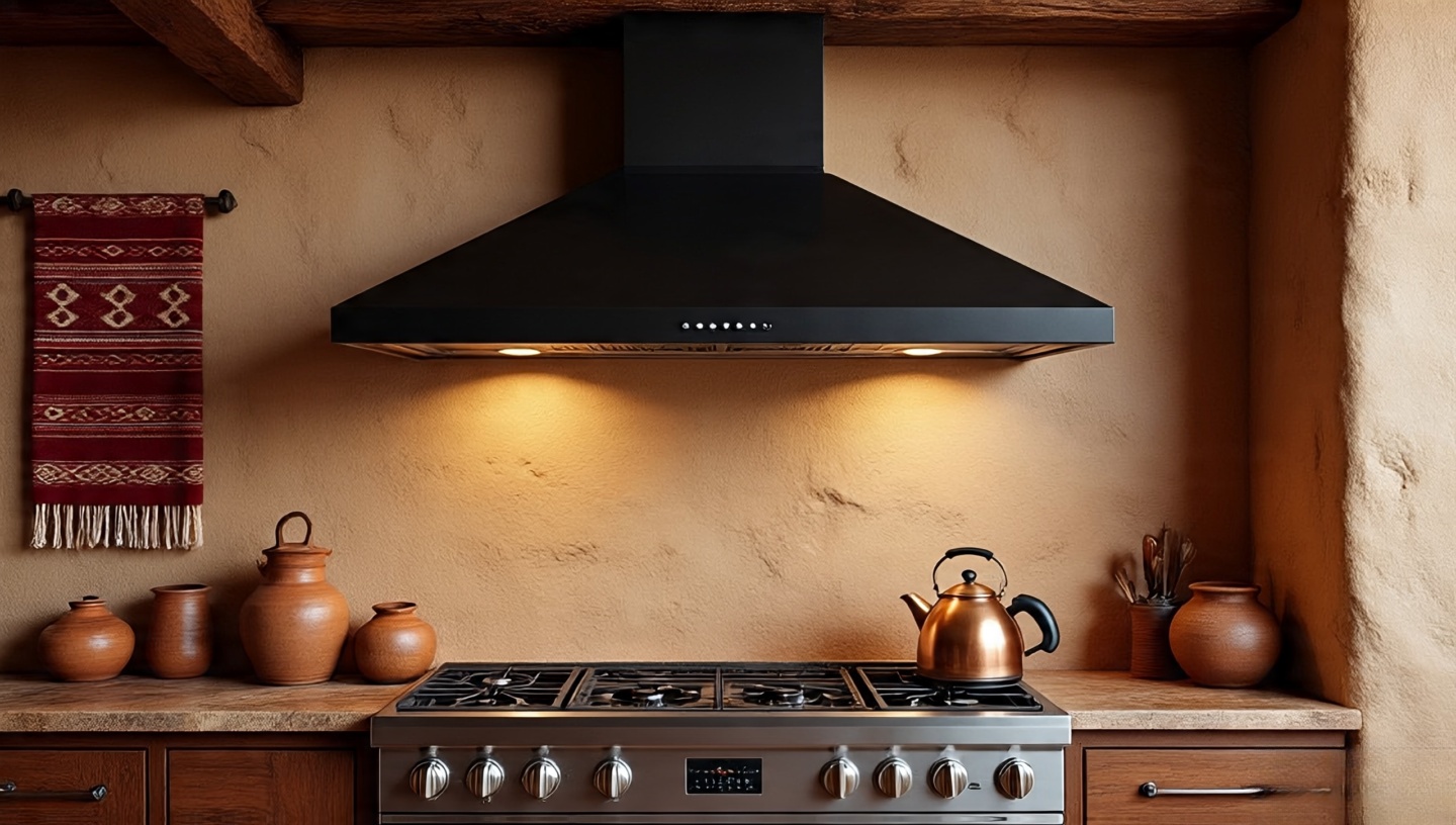 Southwestern kitchen with copper kettle, black range hood, and rustic accents