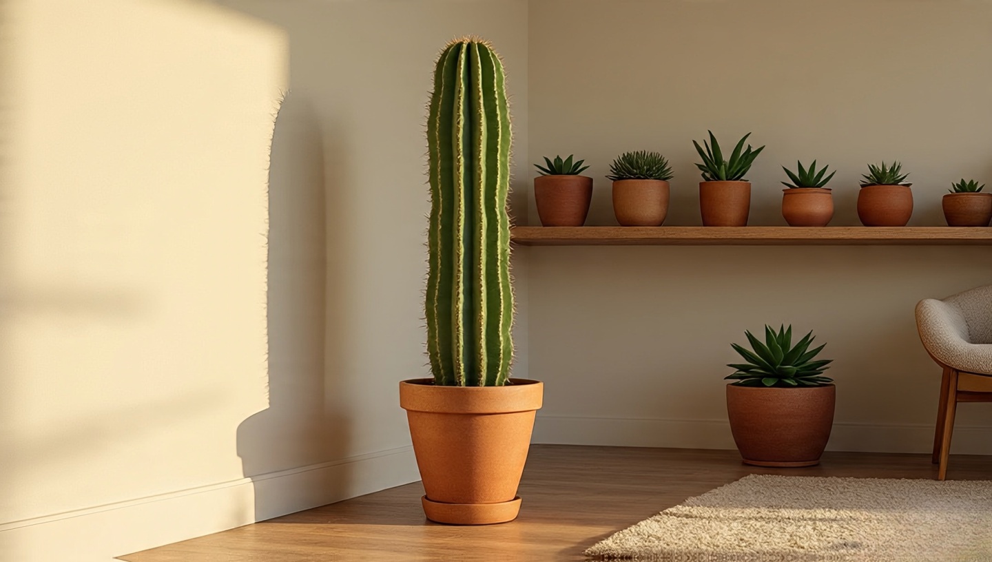 Bright corner with various cacti and succulents in terracotta pots including tall saguaro cactus for dramatic effect