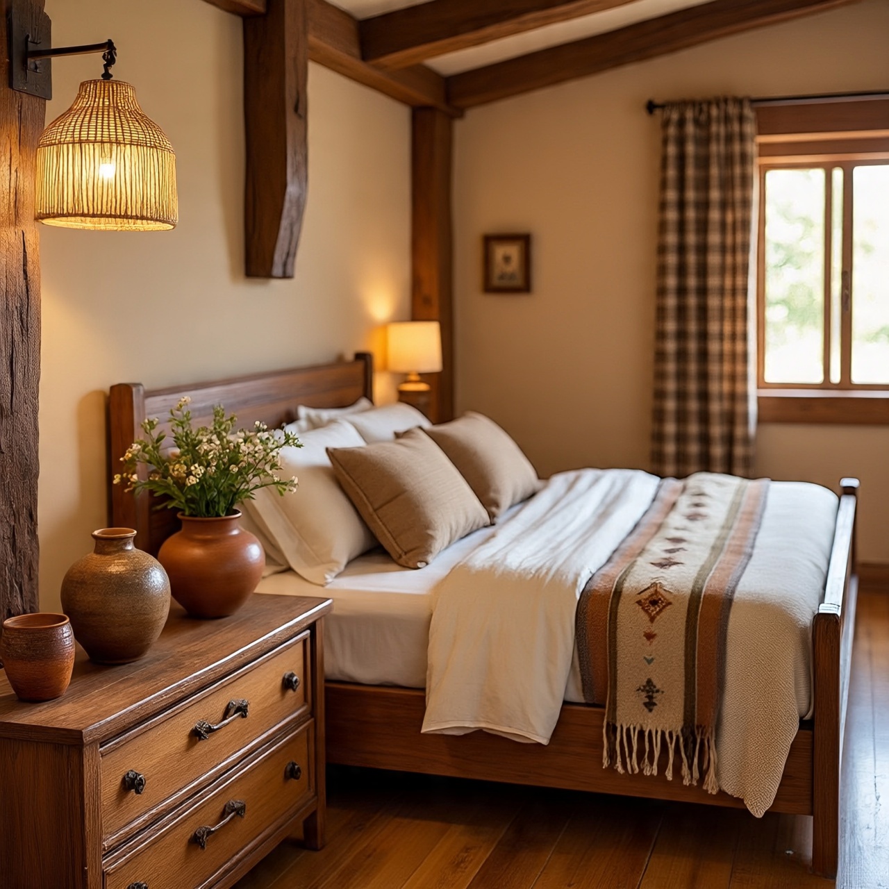 Handcrafted clay pottery accents in Southwestern bedroom decor