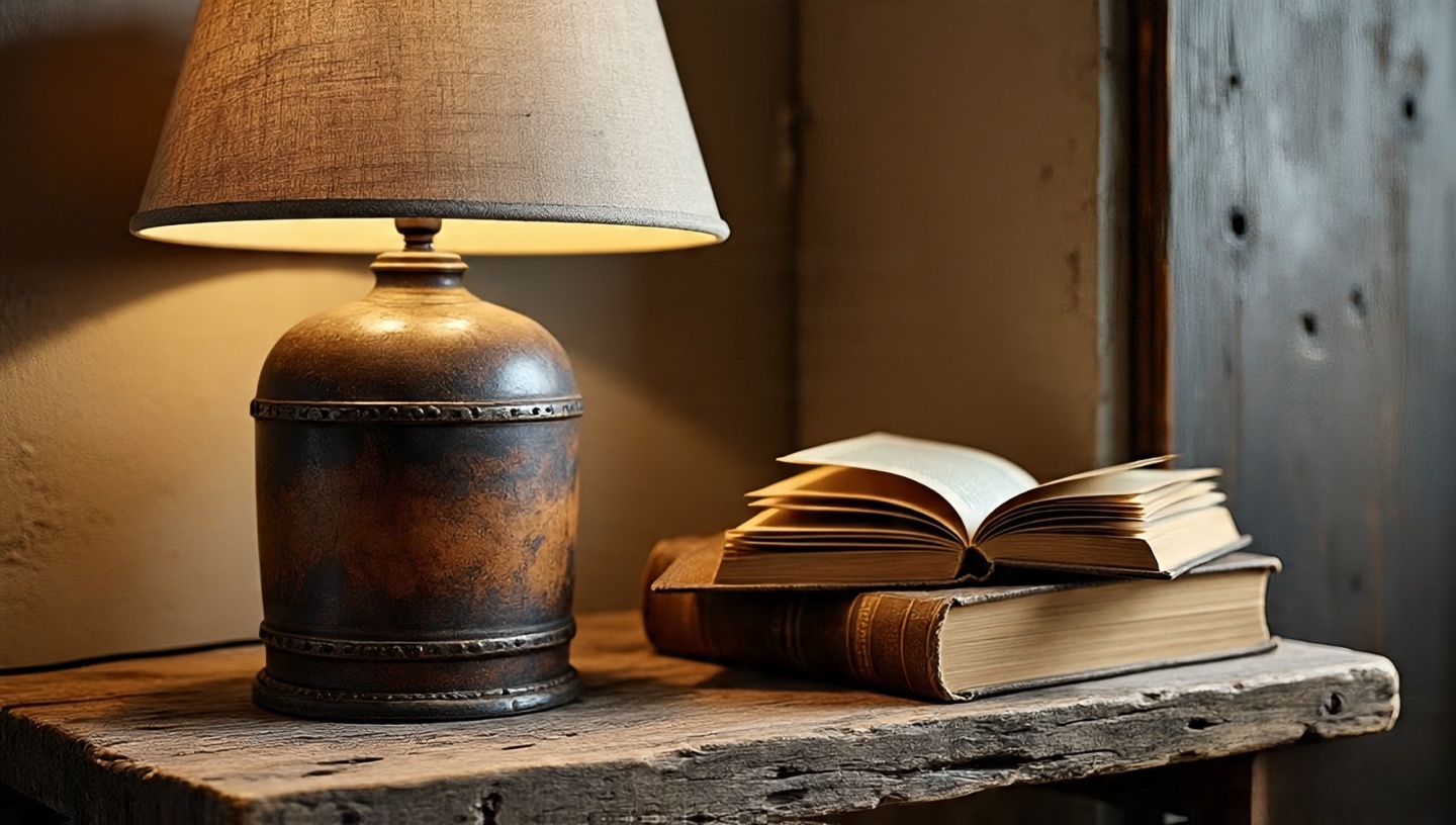 Close-up of a rustic lamp with a leather-wrapped base and simple linen shade