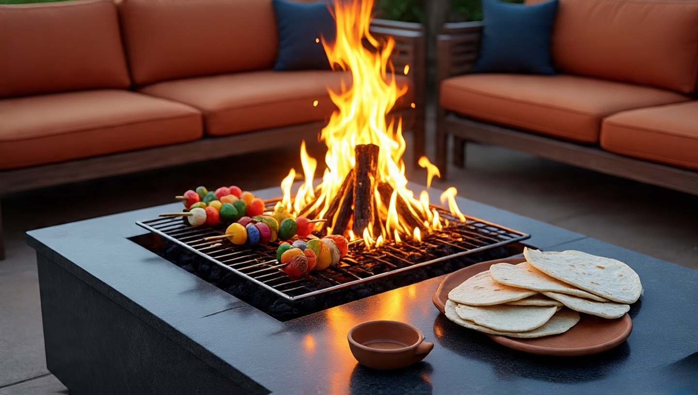 Fire pit with grill grate cooking skewers and tortillas clay serving dishes on rustic side table