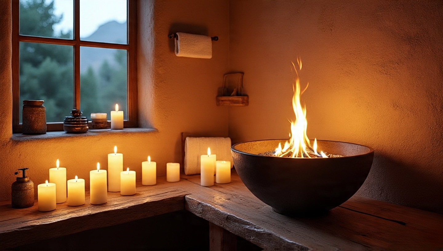 Tabletop fire bowl and candles near window creating warm desert glow on adobe wall
