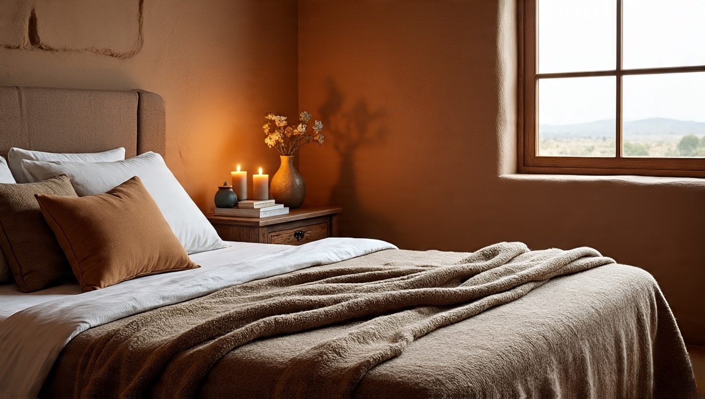 Cozy Southwestern bedroom with heavy wool blanket and cedar-scented candles on a rustic nightstand, warm candlelight ambiance