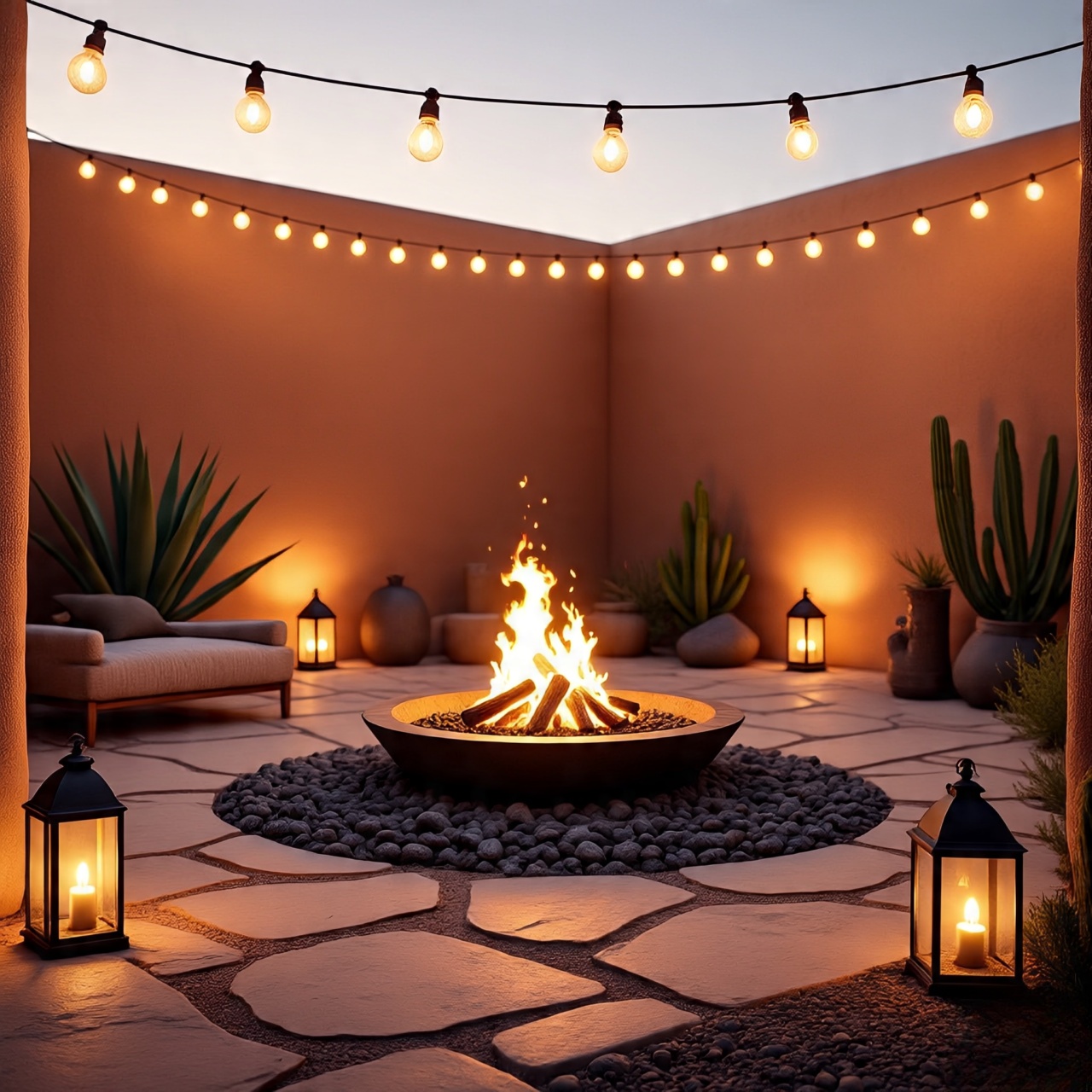 Southwestern patio with string lights, lanterns, and lava rocks around a fire pit for layered outdoor lighting