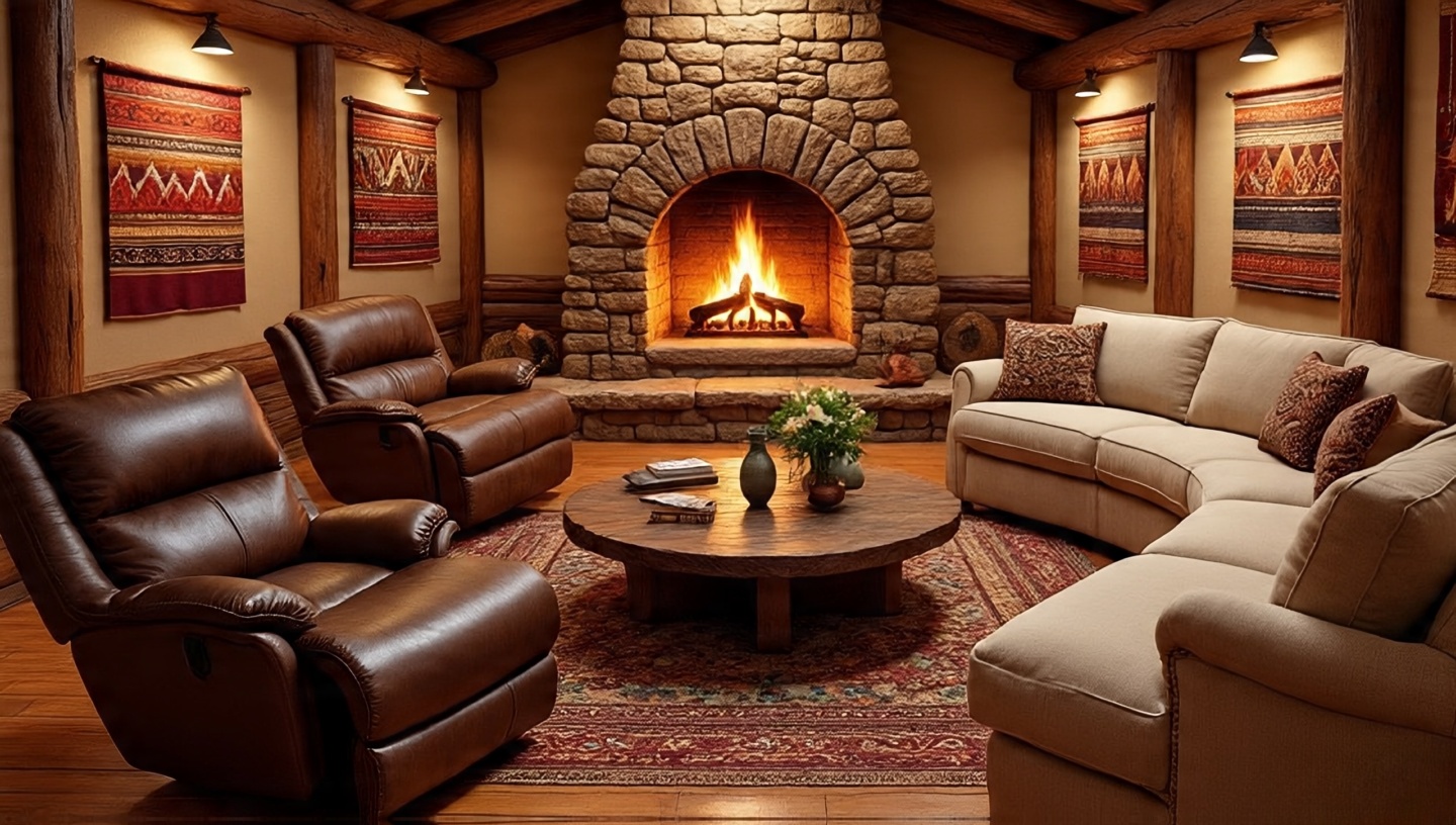 Seating oriented toward a warm stacked-stone hearth for conversation and firelight—no TV in view
