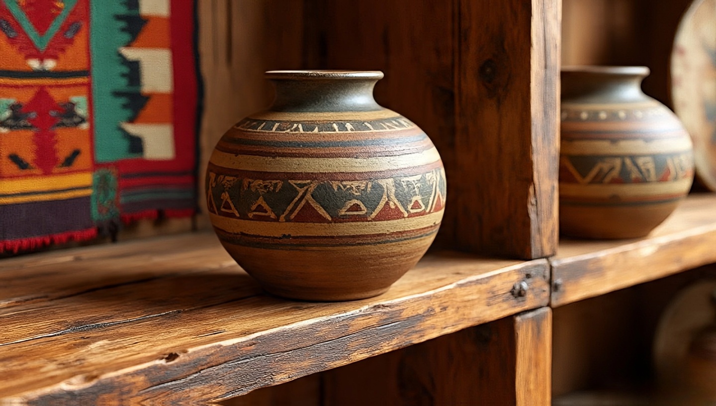 Collection of handcrafted clay pottery and vases in various sizes on Southwestern style shelf