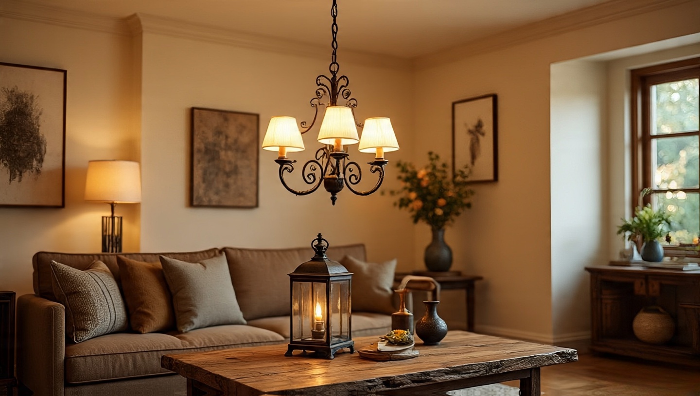 Wrought iron chandelier with warm bulbs in Southwestern living room