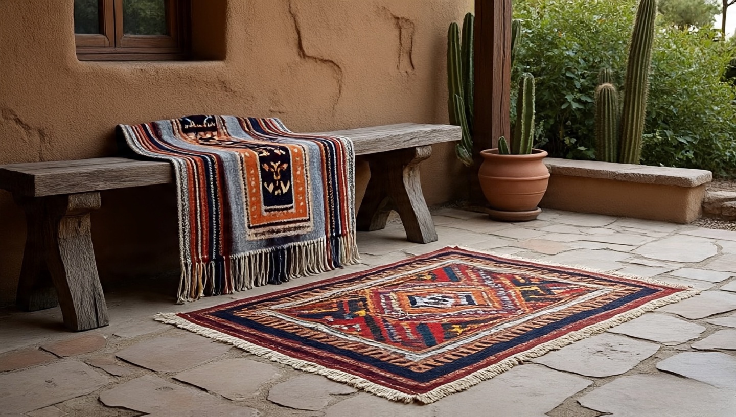 Layered Southwestern textiles including Navajo patterns and woven blankets on patio furniture