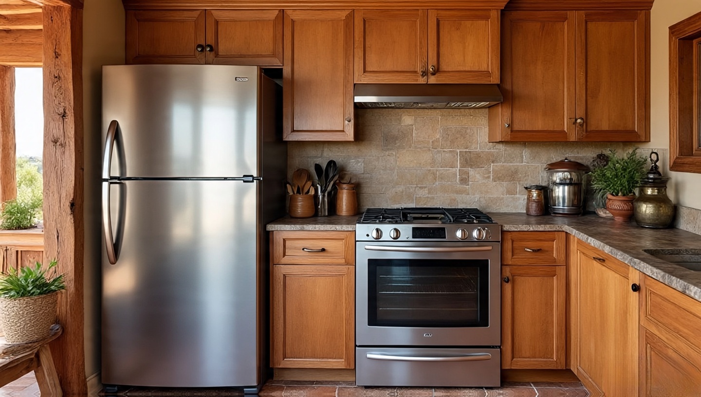 Rustic Southwestern kitchen integrating stainless steel appliances with wooden cabinetry, soapstone counters, and terracotta tile backsplash