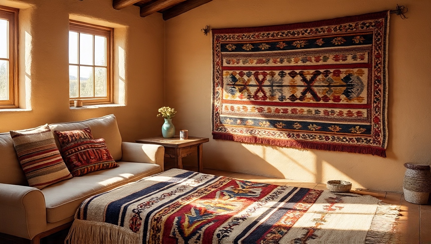 Displayed Southwestern rugs with a soft-bristle brush nearby indicating gentle care and sunlight rotation