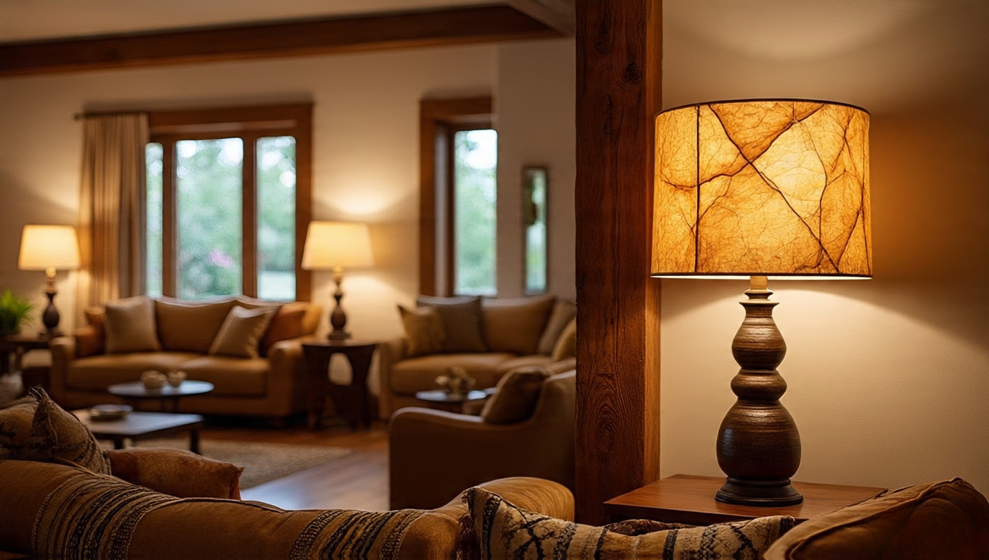 Table lamp with rawhide lampshade casting warm golden hour glow in a Southwestern room