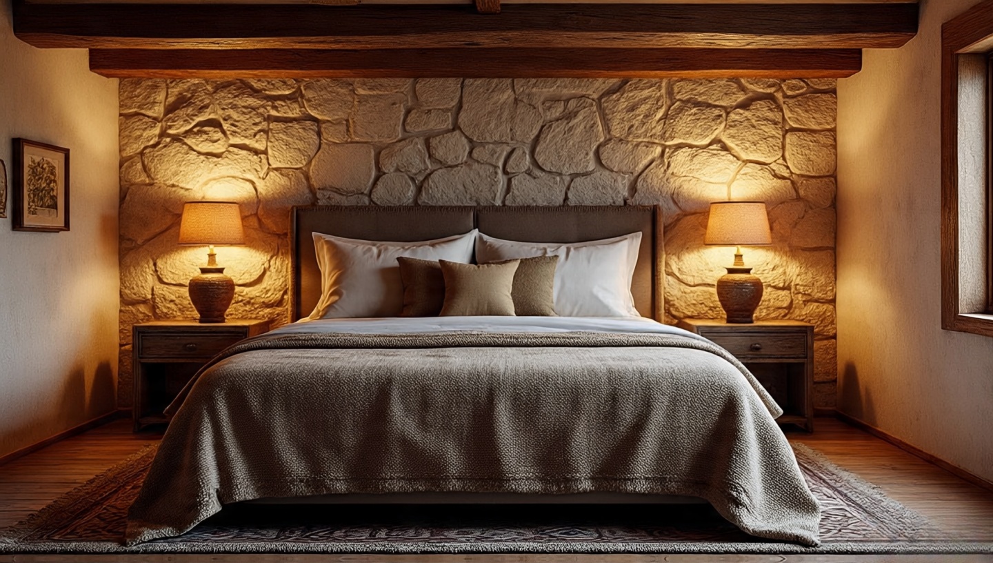 Texture-focused Southwestern bedroom with stone feature wall, wool rug and clay lamp