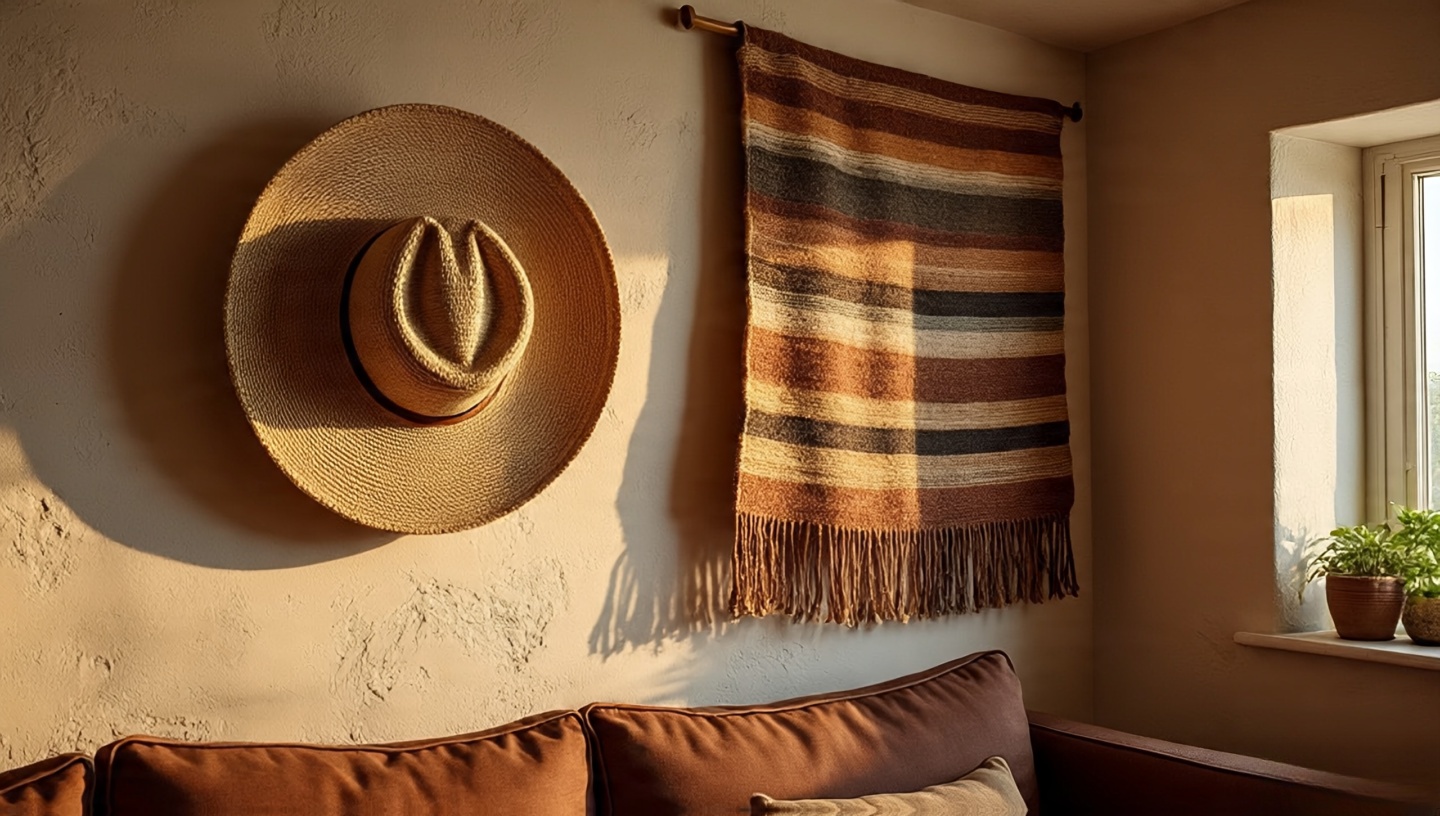 Textured plaster accent wall with a handwoven blanket and a wide-brimmed hat used as Southwestern wall decor in a small apartment