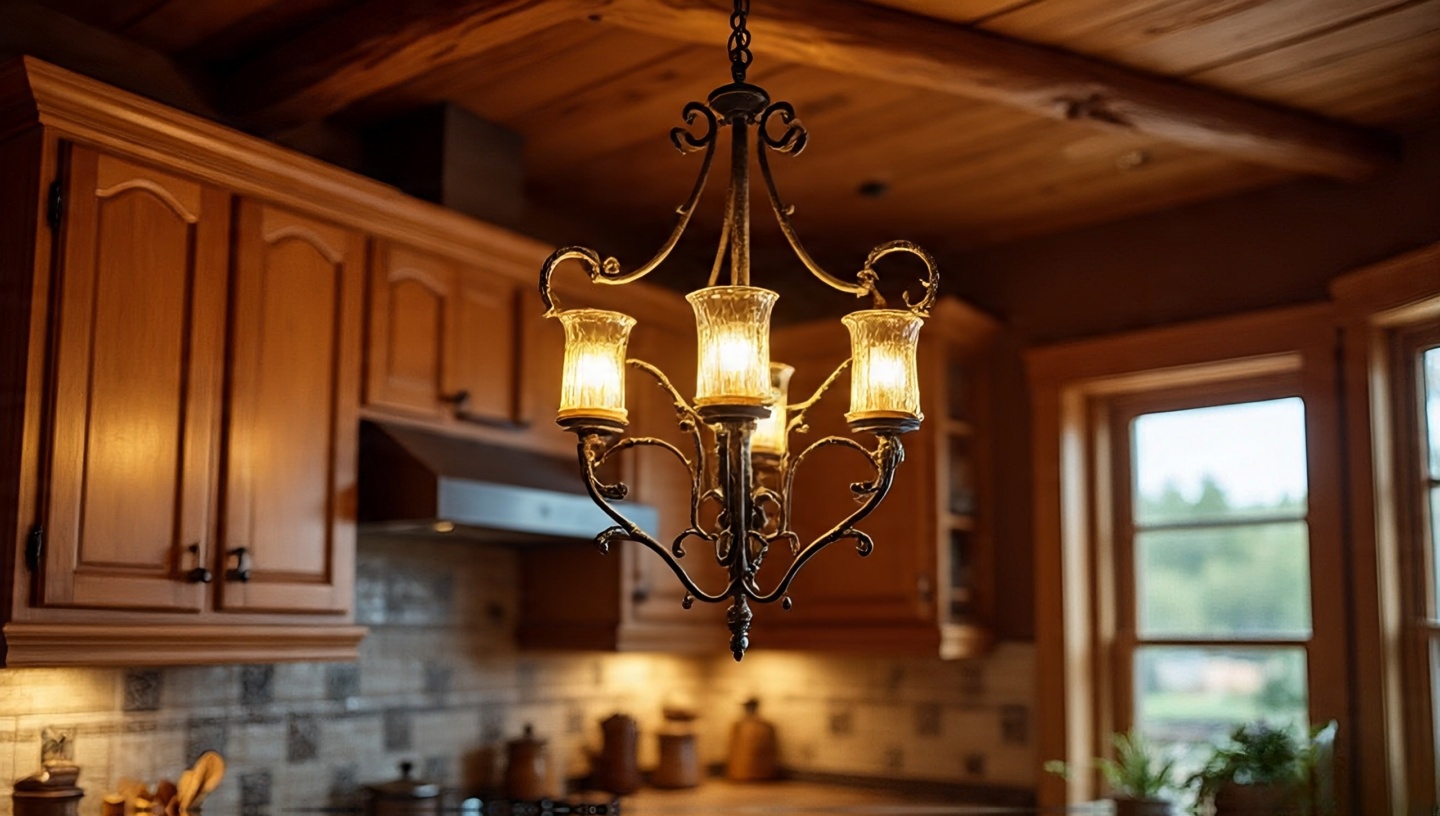 Wrought iron chandelier with scroll details in a Southwestern kitchen