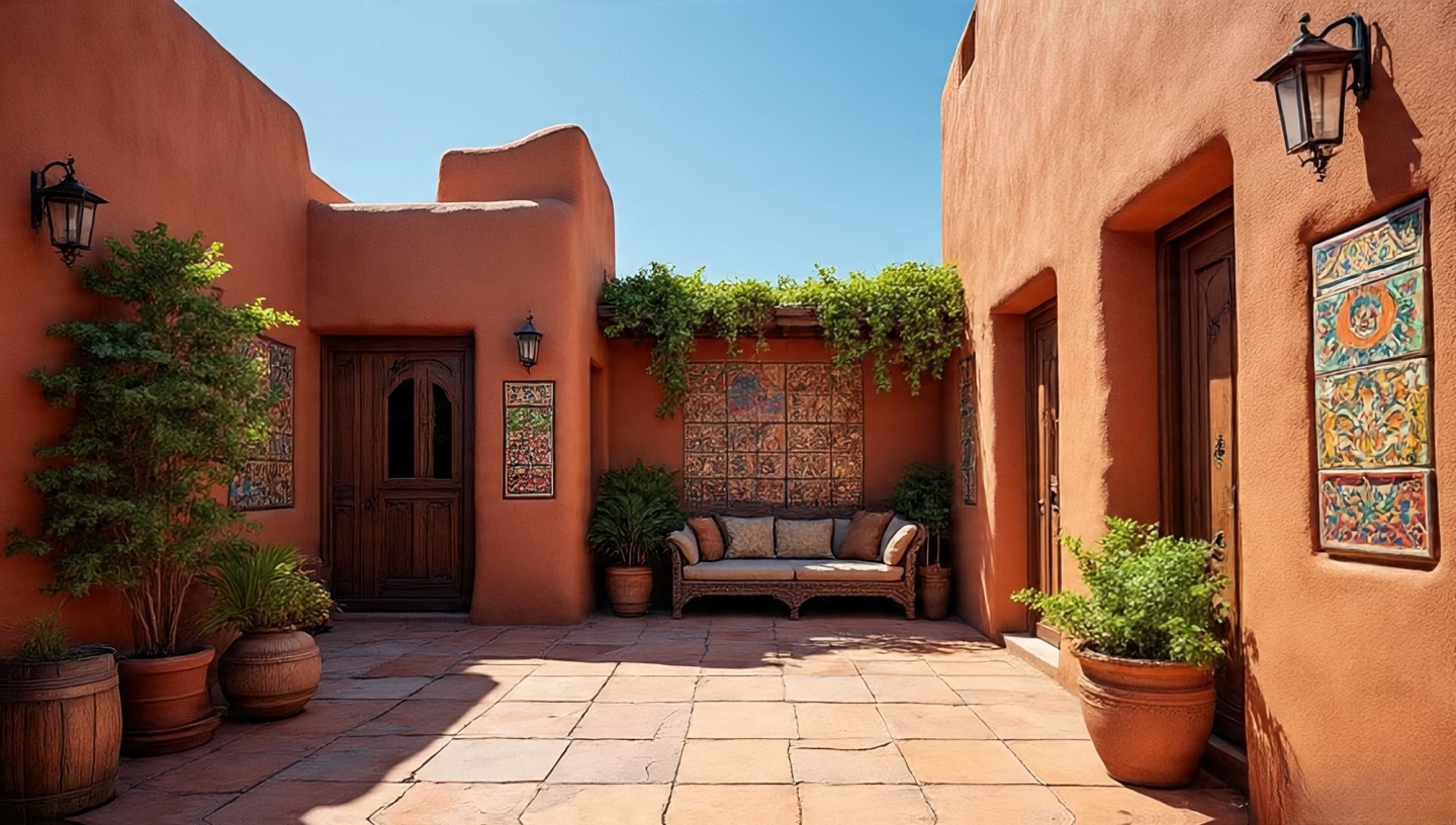 Adobe-inspired walls in warm terracotta tones creating authentic Southwestern patio atmosphere