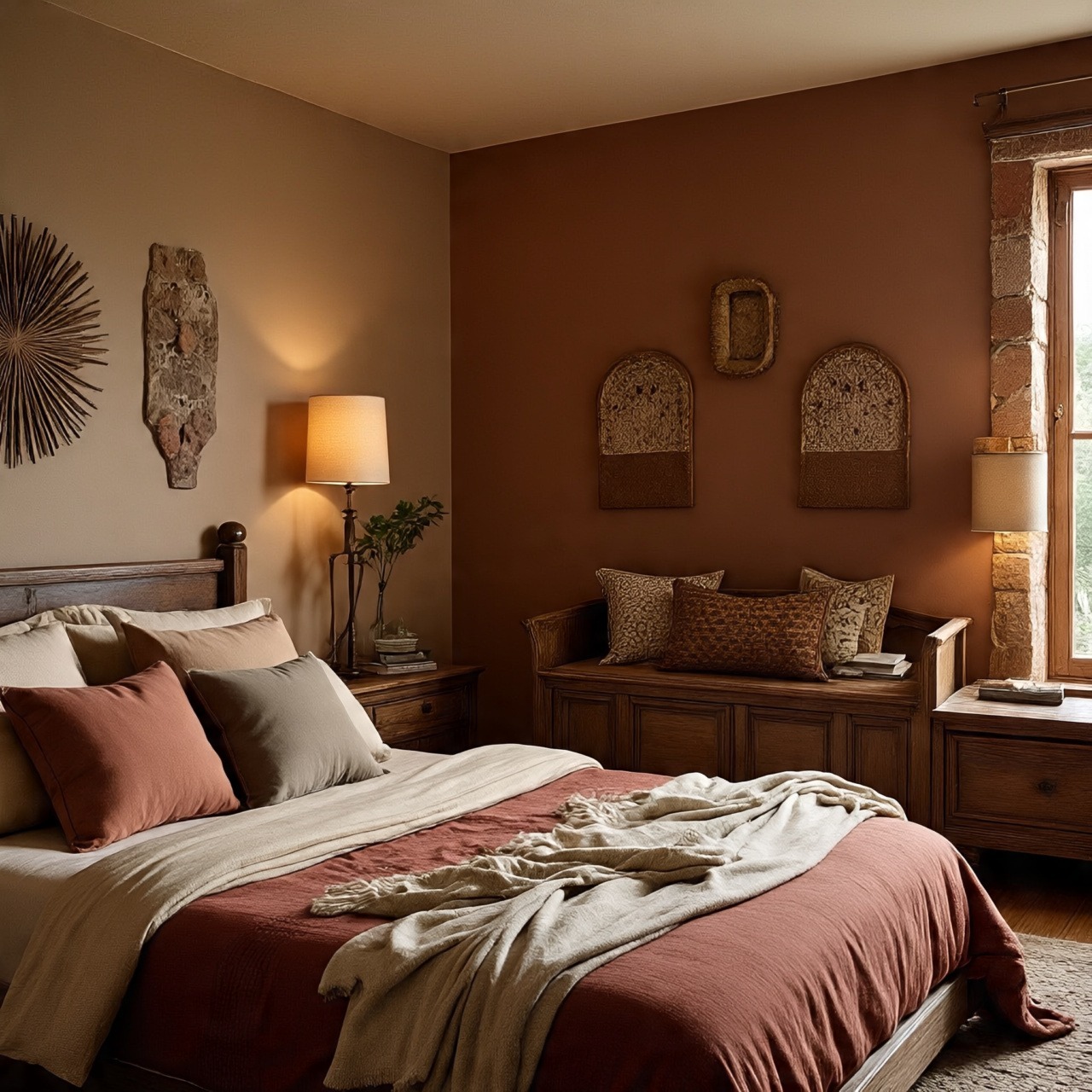 Southwestern bedroom with warm earth-tone walls in sandy beige and terracotta colors