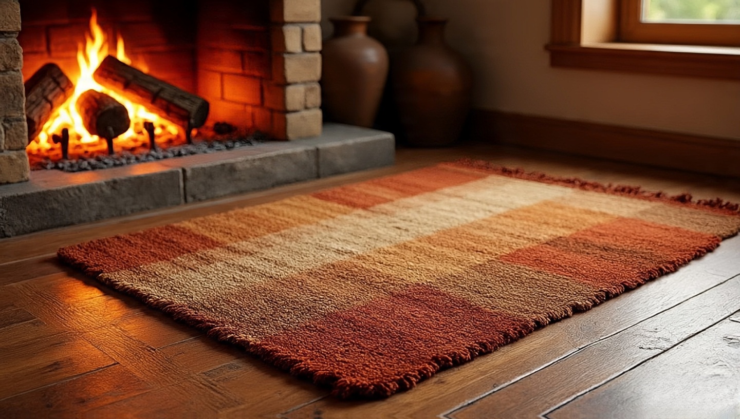 Layered Southwestern wool rugs in desert reds and sandy browns on terracotta floor, highlighting rough weave and earthy textures