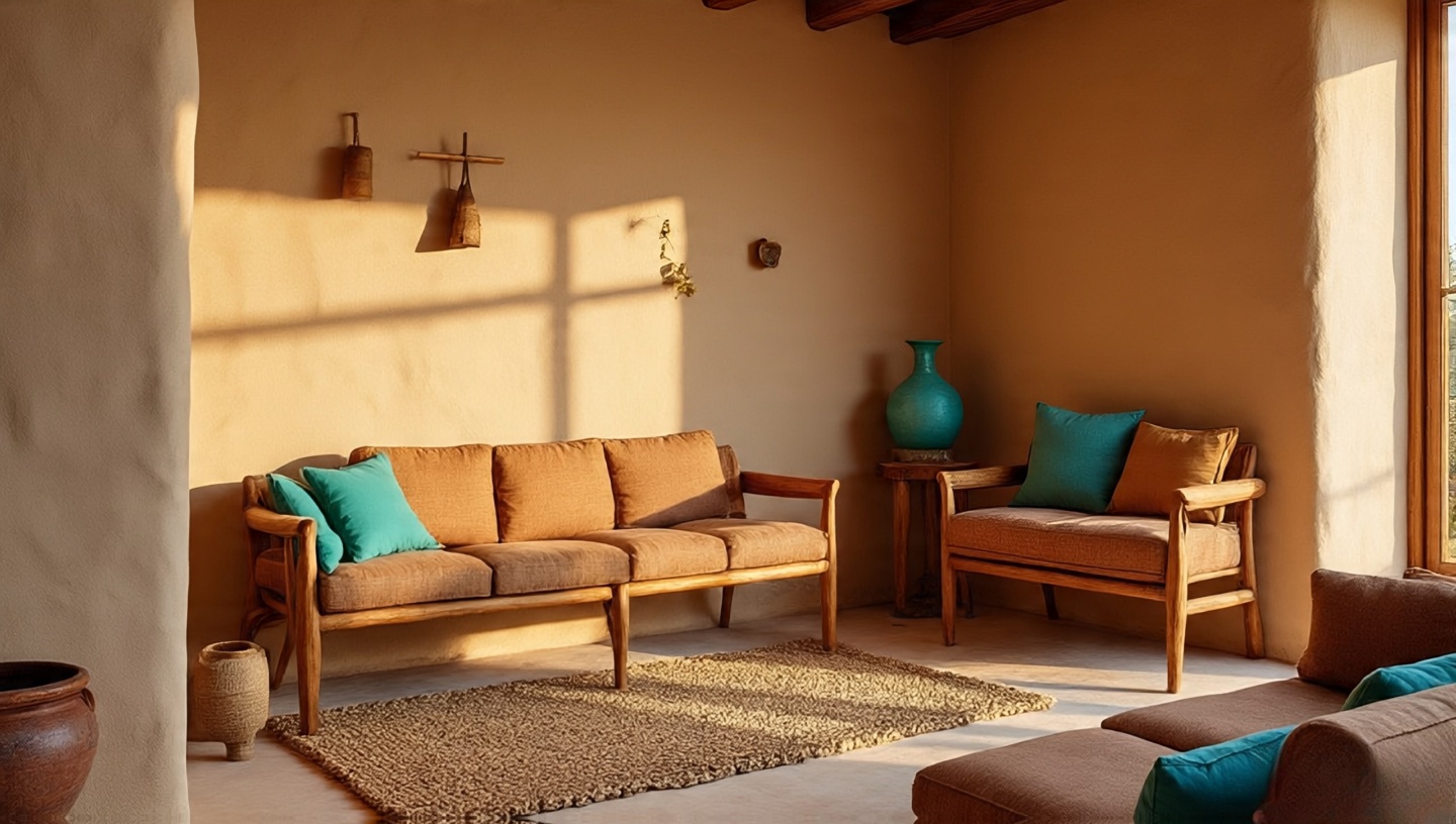 Southwestern living room with adobe clay walls, off-white plaster, jute rug and turquoise accents