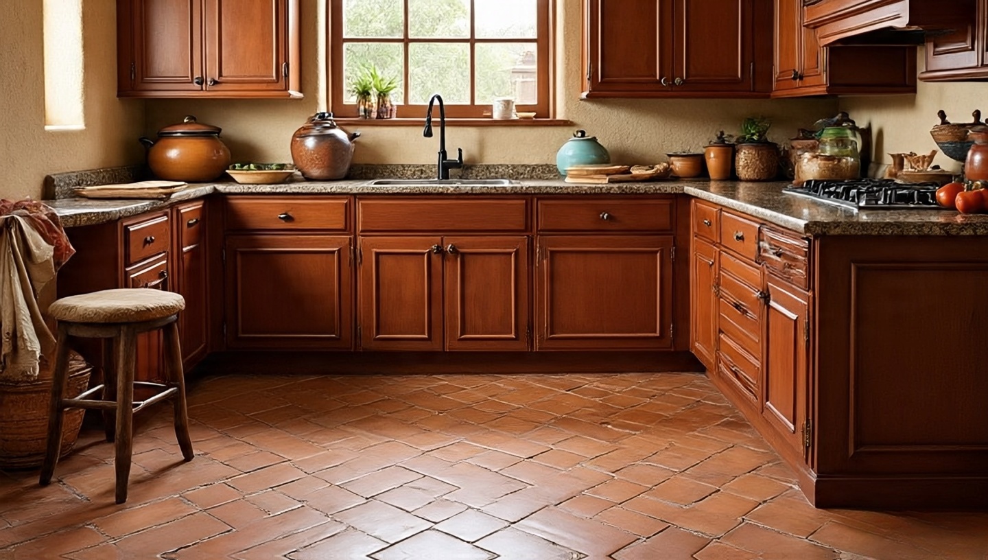 Rustic terracotta floor tiles in a Southwestern kitchen with warm earthy tones