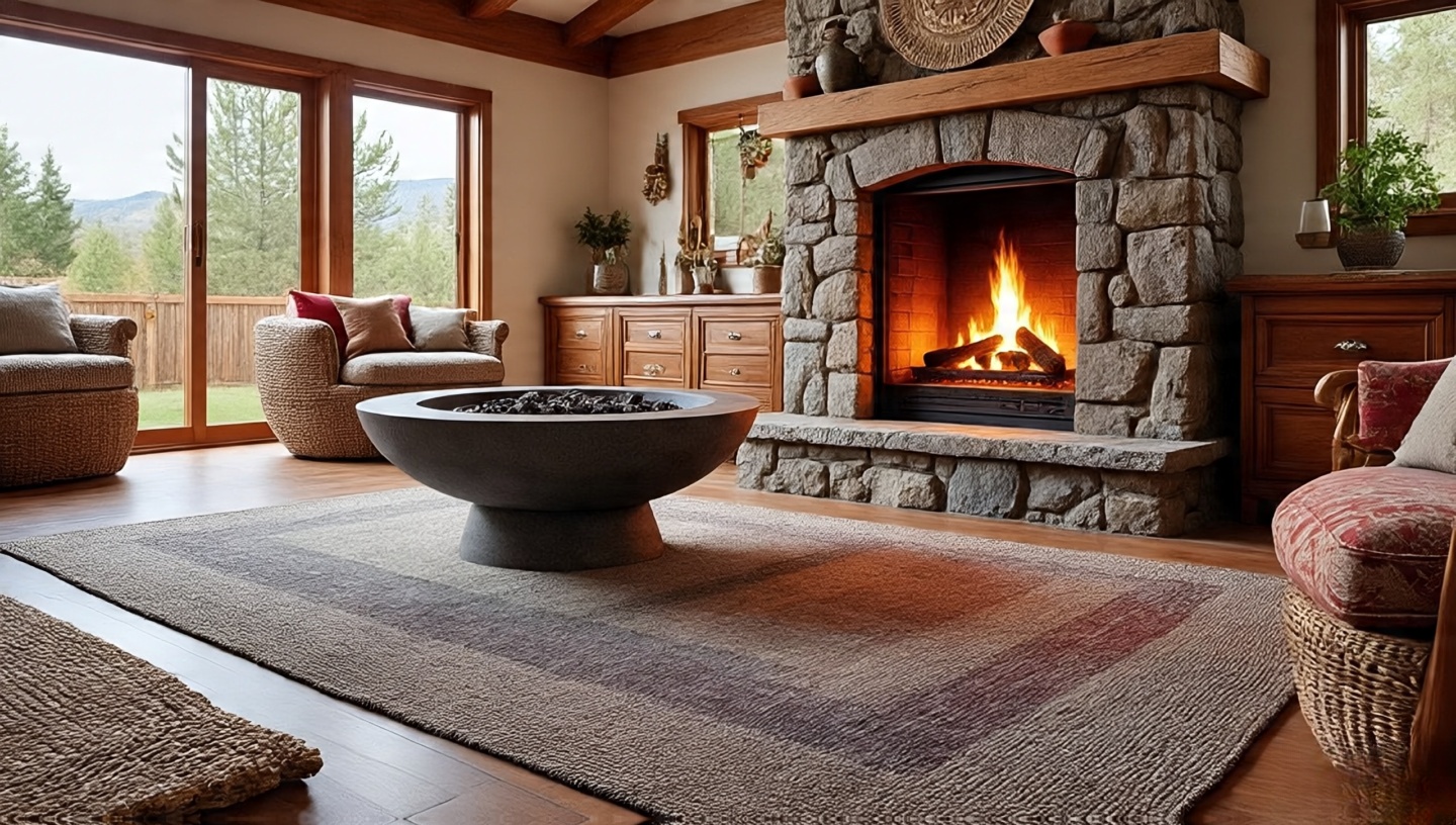 Indoor rug palette echoing outdoor stone fire pit with gray stone tones and crimson accents for seamless indoor-outdoor flow