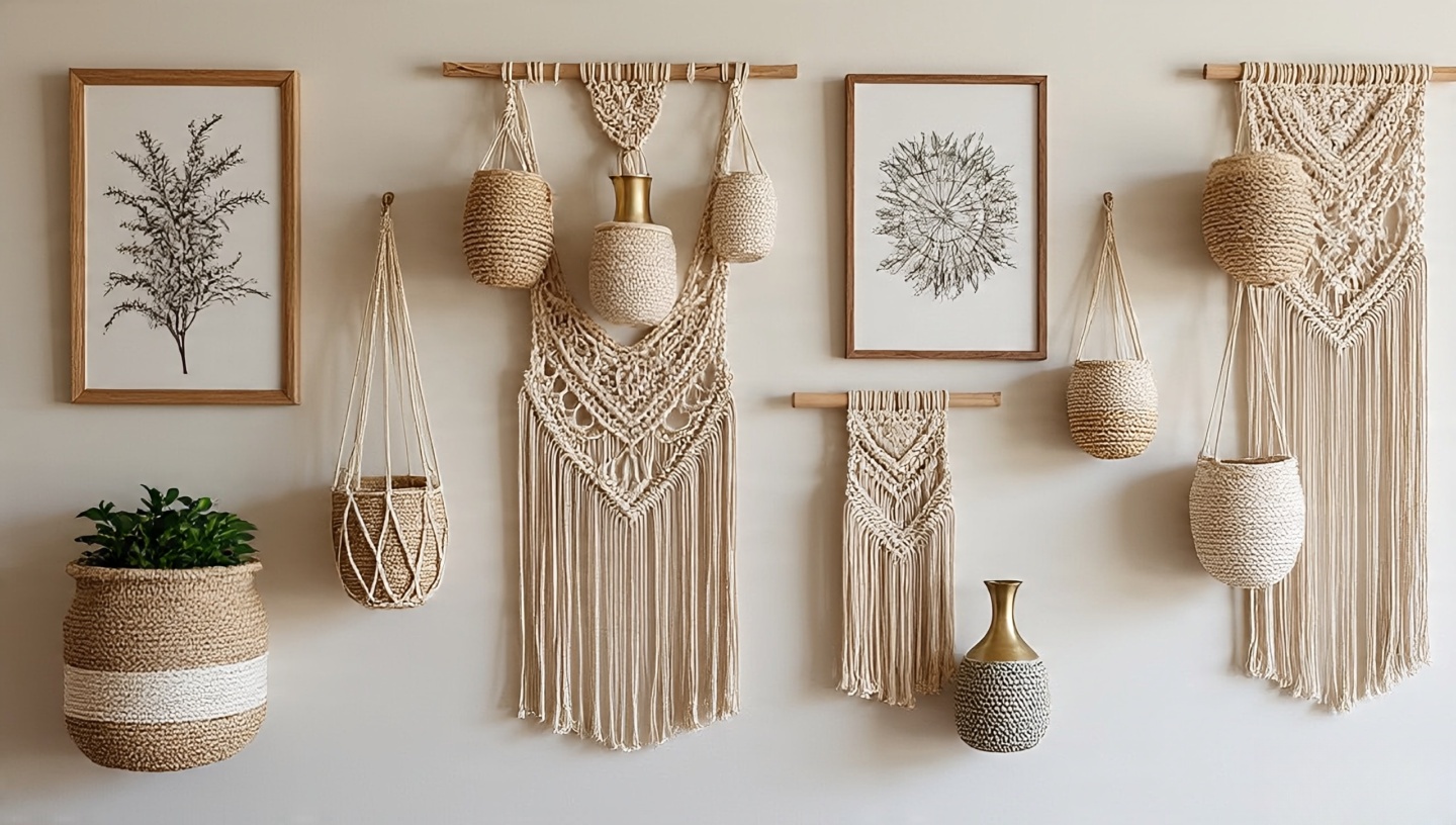 Lightweight Boho gallery wall with woven baskets and frameless canvases, one shelf intentionally sparse