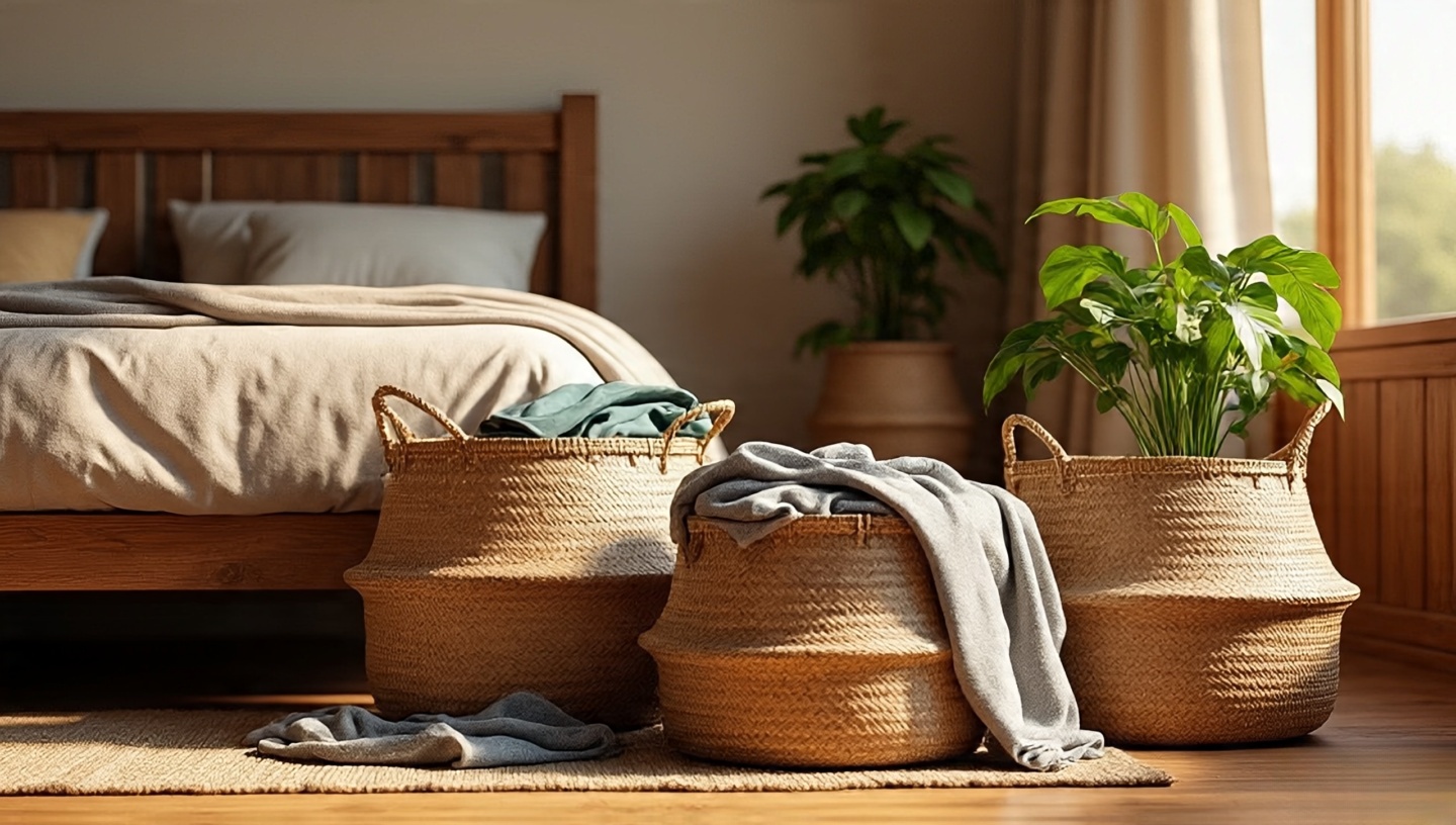 Woven rattan baskets for blankets, laundry, and plants in a Bohemian bedroom scene