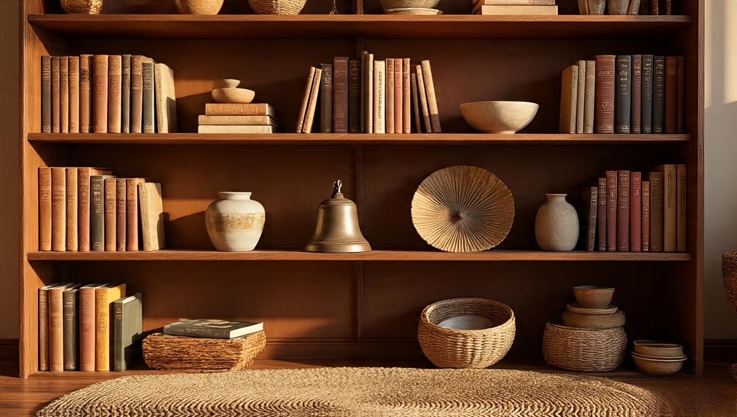 Open Boho shelves with vertical and horizontal book stacks, brass bell, woven fan, and hand-thrown ceramics