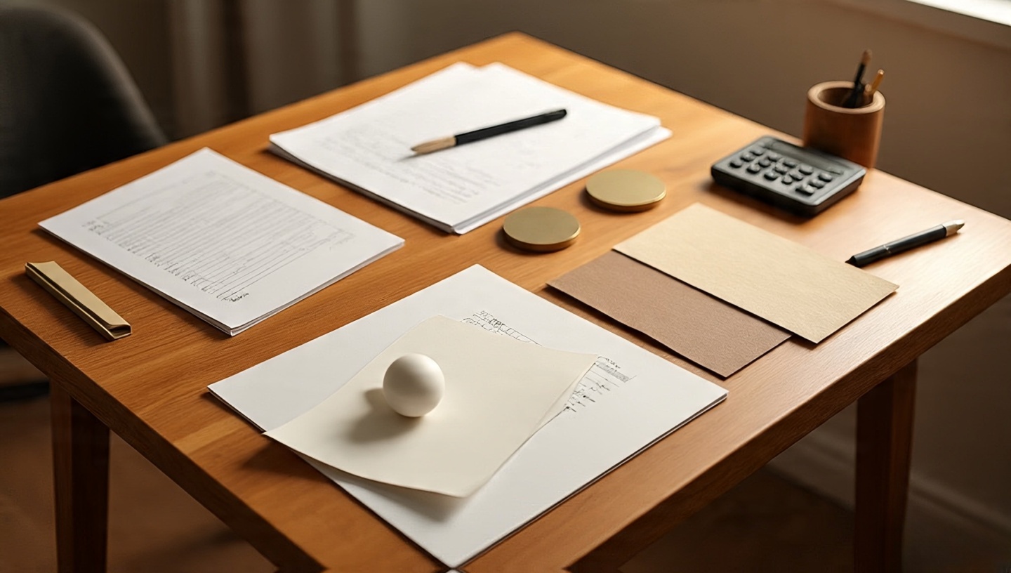 Flat lay of lighting budget with LED bulbs calculator and brass and rattan material swatches on wooden drafting table